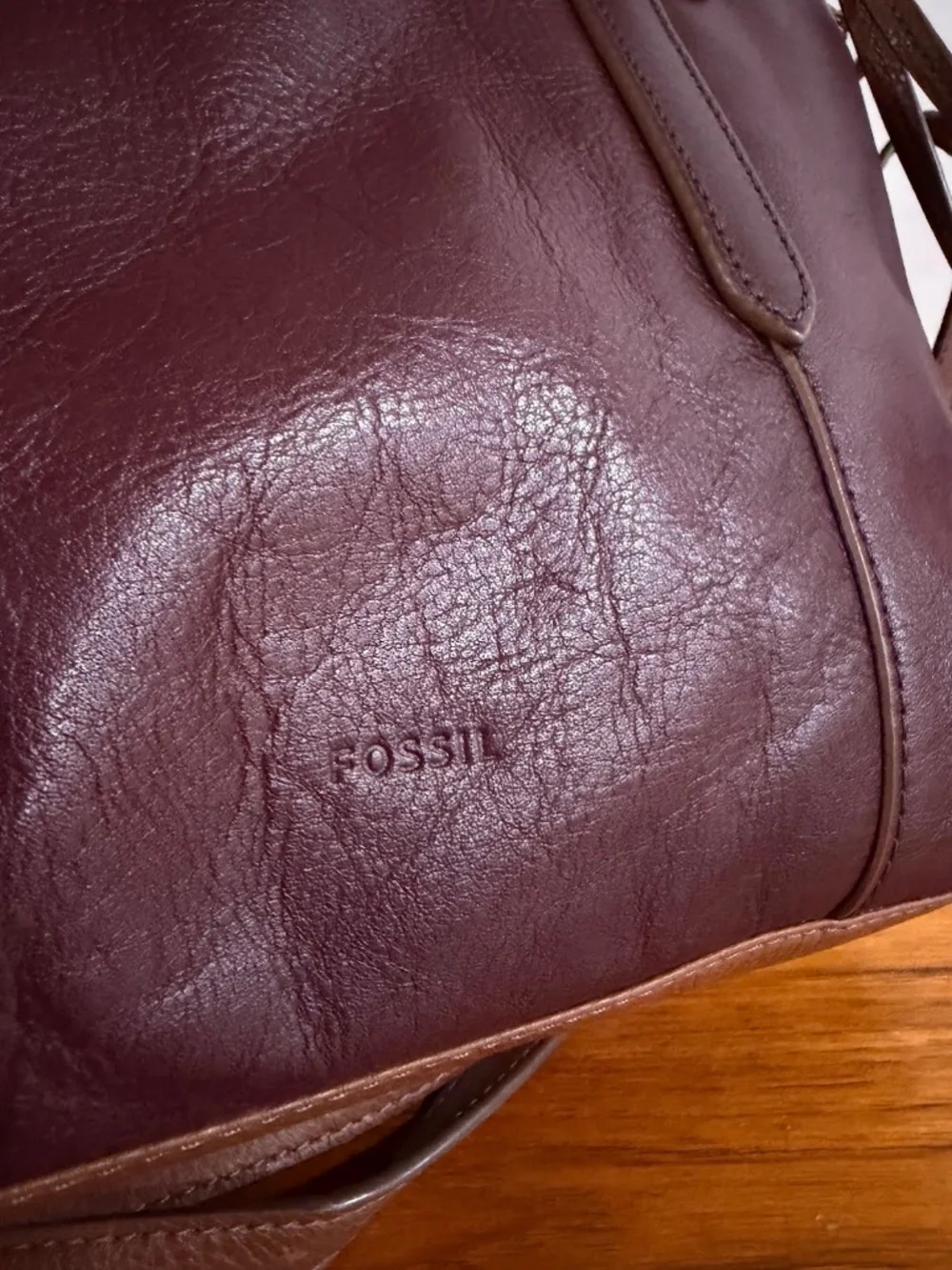 Fossil Felicity Bordeaux Leather Satchel Tote Bag Purse